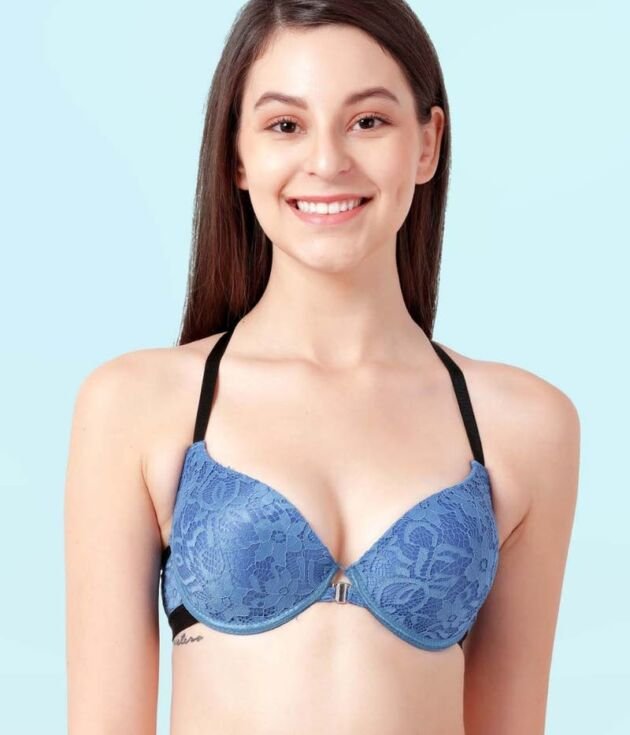 Fancy Back Front Open Lacework Sexy Half Coverage Push-Up Fashion Bra - Bluesteel
