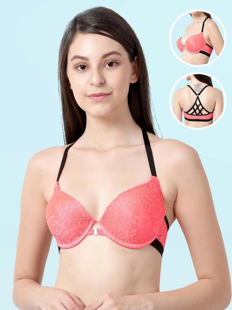 Fancy Back Front Open Lacework Sexy Half Coverage Push-Up Fashion Bra - Flame - Image 5