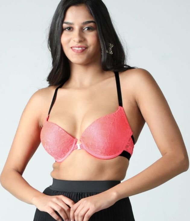 Fancy Back Front Open Lacework Sexy Half Coverage Push-Up Fashion Bra - Flame