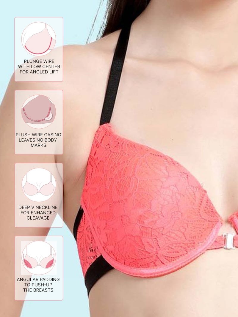 Fancy Back Front Open Lacework Sexy Half Coverage Push-Up Fashion Bra - Flame - Image 2