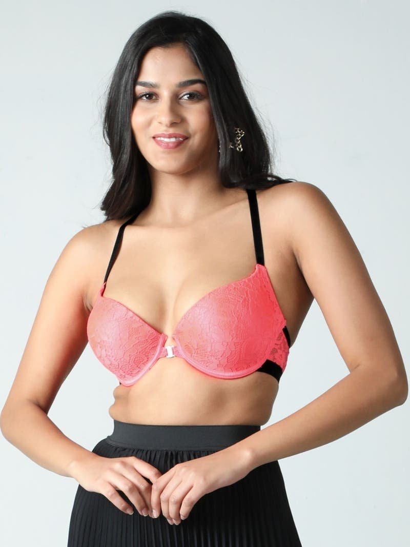 Fancy Back Front Open Lacework Sexy Half Coverage Push-Up Fashion Bra - Flame